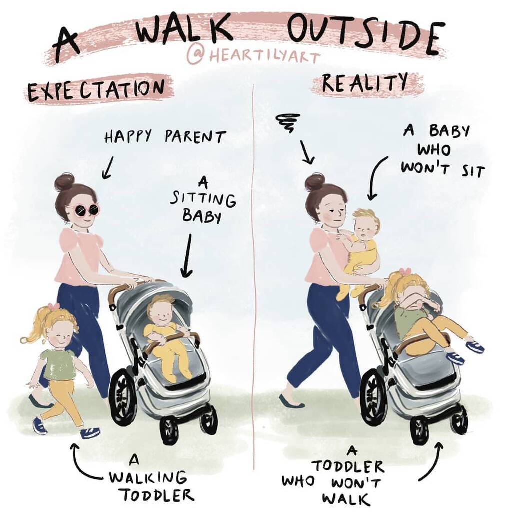 Πώς πιστεύεις ότι θα είναι η βόλτα με ένα μωρό και ένα νήπιο και πώς είναι πραγματικά - Πηγή φωτογραφίας: Instagram / heartilyart