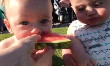 Πόσο αστείο! Δίδυμα μωρά τσακώνονται για μία φέτα καρπούζι (video)