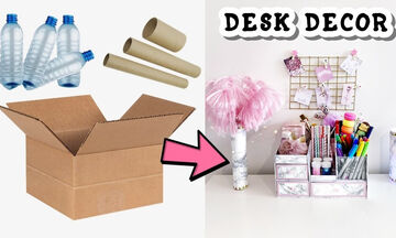 DIY θήκες για το παιδικό γραφείο με χαρτόκουτο και πλαστικά μπουκάλια 